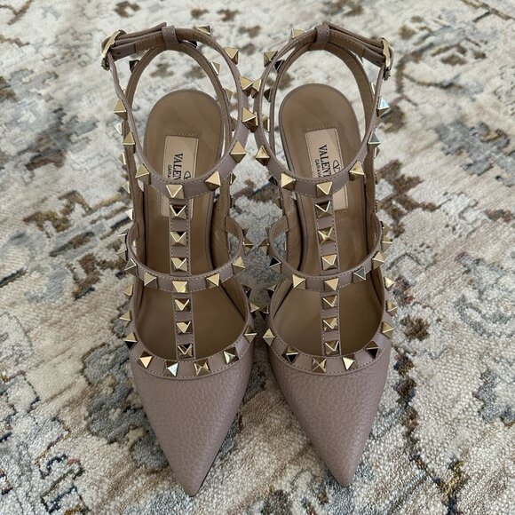 Valentino Garavani Shoes - Valentino Rockstud Heels Ankle Strap P45 Nude Leather